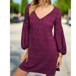 Anthropologie Dress Womens XS Purple V-Neck A-Line Lace Knit Long Sleeve